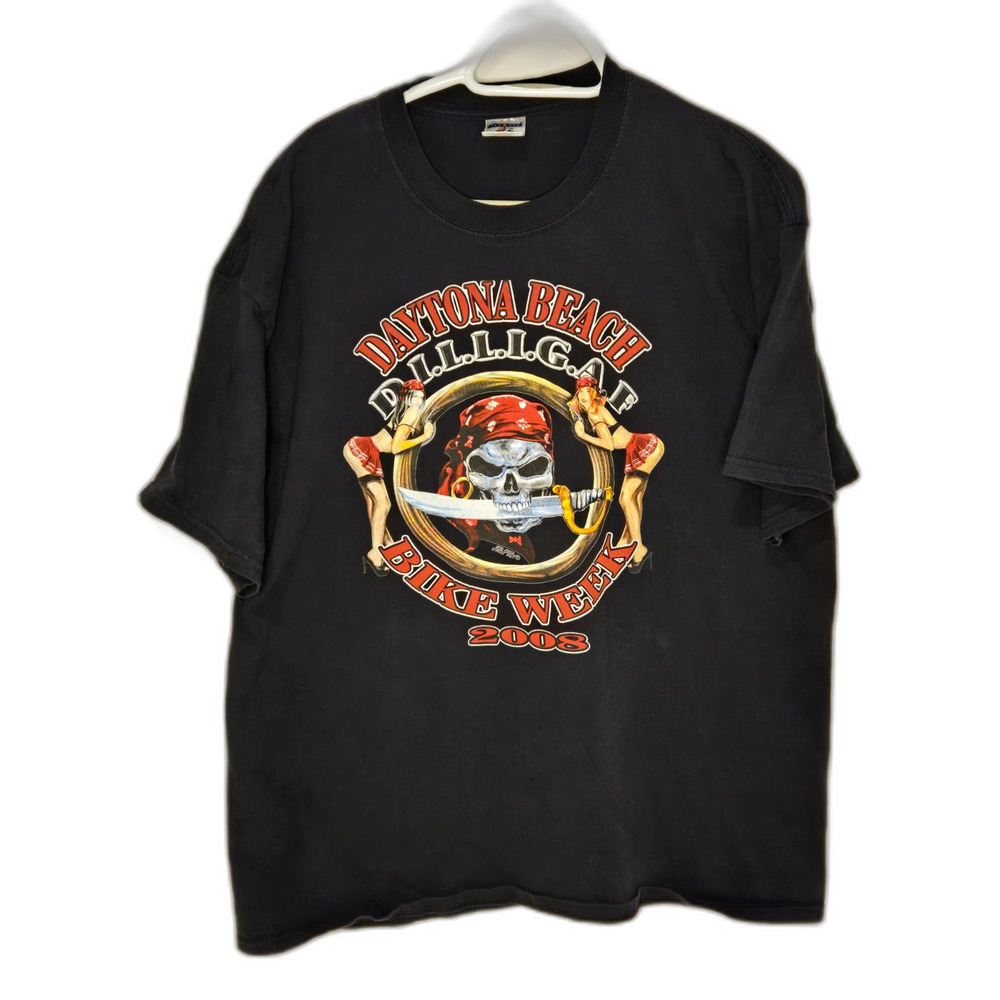 Jerzees Vintage Daytona Beach Dilligaf 2008 T-Shirt | Mens Size XL | Black Skull